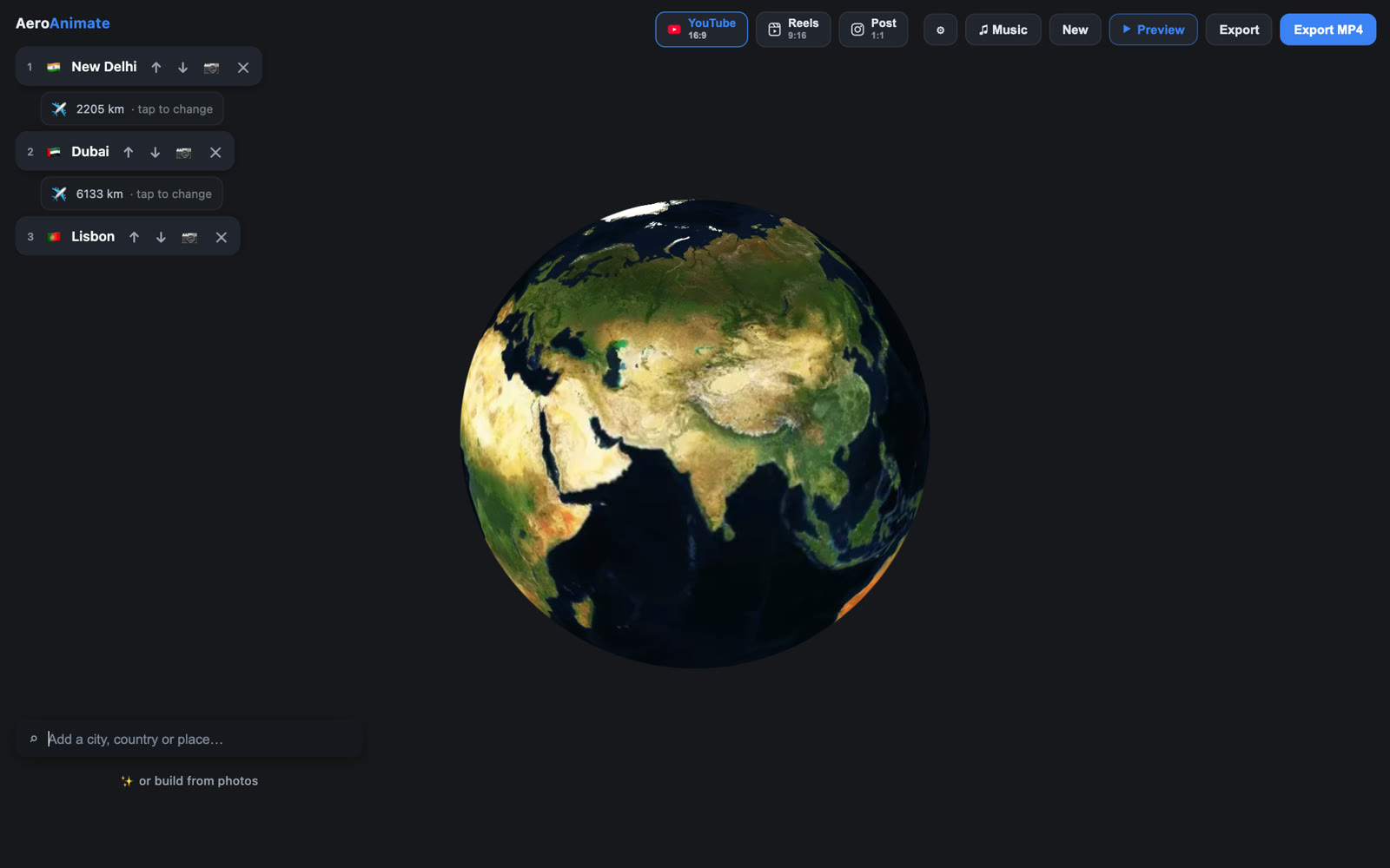 The AeroAnimate studio — itinerary, transport picker and live 3D globe