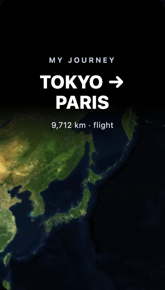 A 9:16 AeroAnimate reel — the title card 'Tokyo → Paris, 9,712 km · flight' over the curved 3D Earth